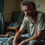 Homme d'âge moyen au visage fatigué dans une chambre modeste