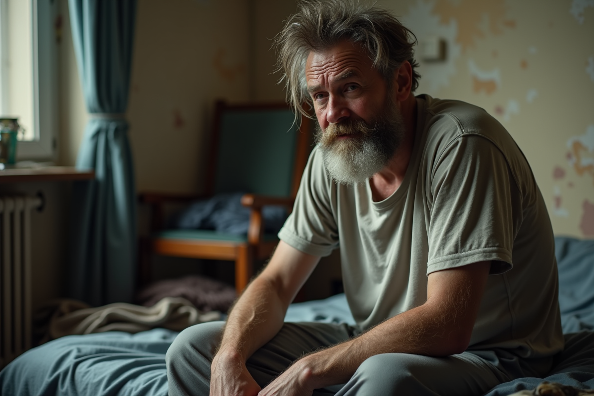 Homme d'âge moyen au visage fatigué dans une chambre modeste