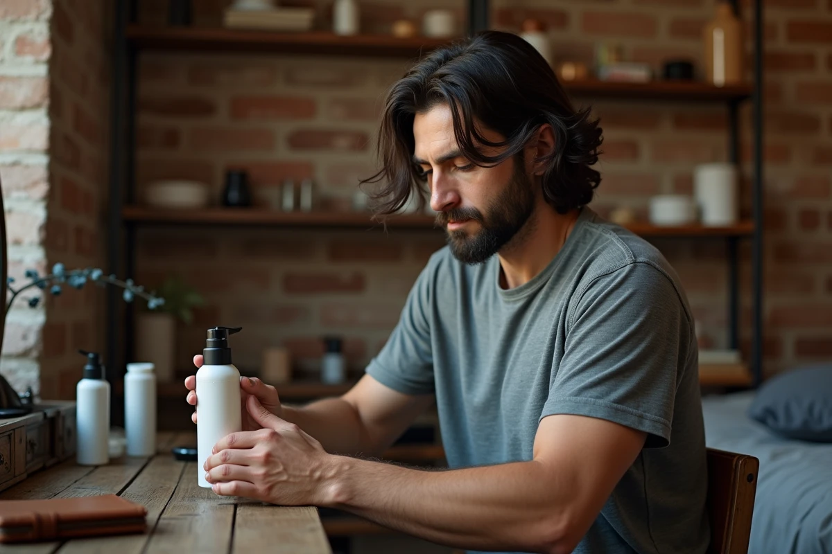 Homme tenant un pot de mousse coiffante devant une coiffeuse en bois vintage