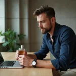 Homme élégant tenant un parfum Zara dans un loft lumineux