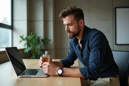 Homme élégant tenant un parfum Zara dans un loft lumineux