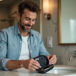 Homme en voyage avec kit de rasage dans une salle de bain