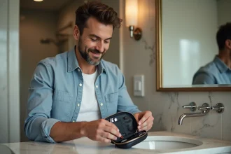 Homme en voyage avec kit de rasage dans une salle de bain