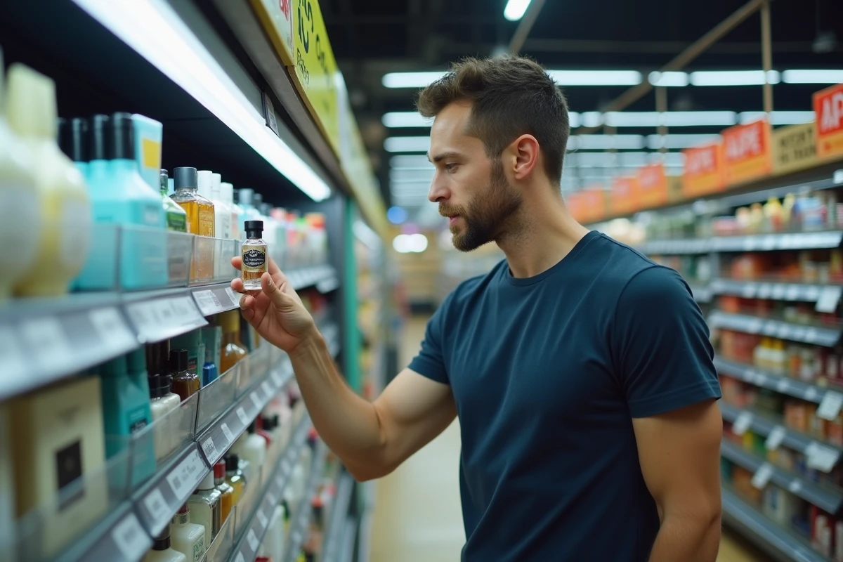 Homme lisant l'étiquette d'un flacon de parfum dupe dans le rayon d'un supermarché Lidl