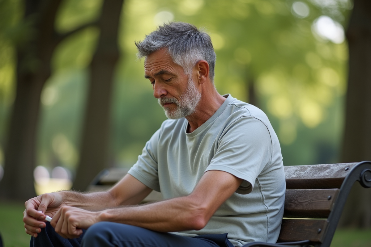 Homme appliquant une creme sur une cicatrice au parc