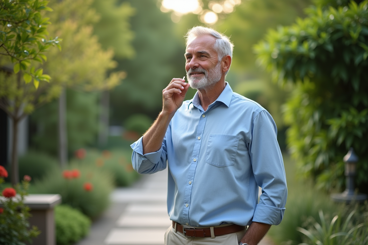 Homme appliquant un serum visage dans un jardin verdoyant