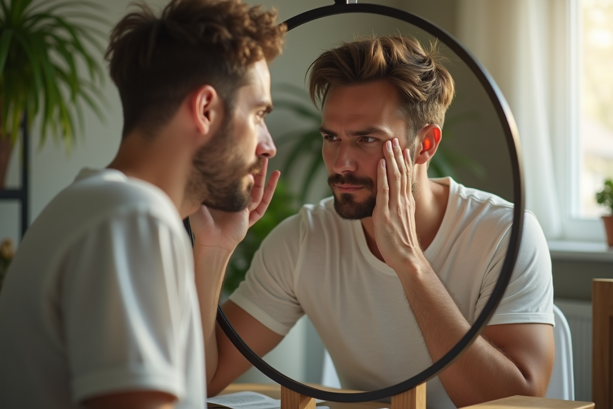 Homme se regardant dans un miroir dans un salon lumineux