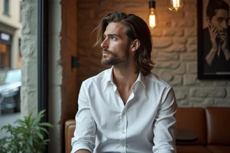 Homme élégant regardant par la fenêtre d'un café