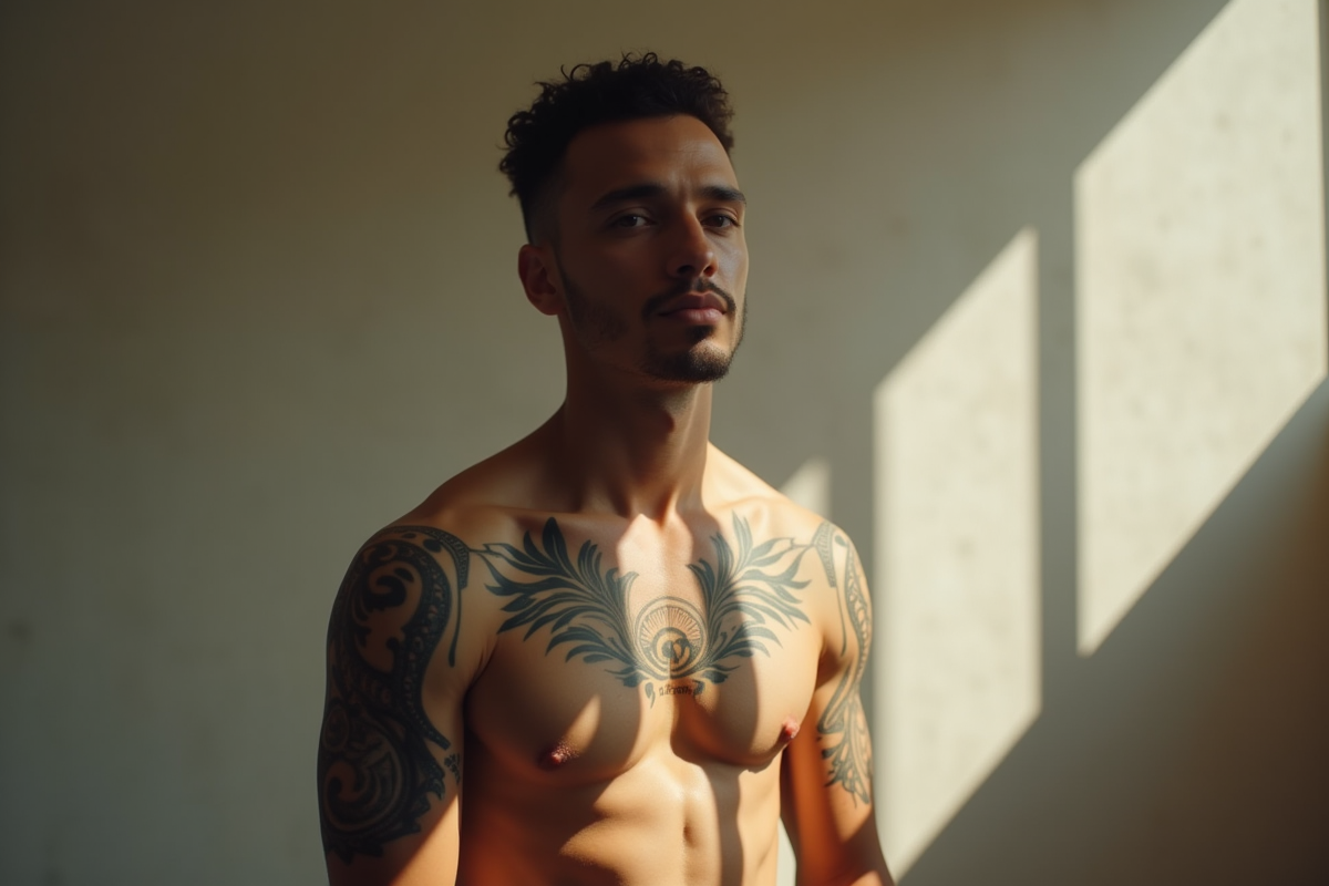 Homme confiant avec tatouages tribaux dans un studio en lumière naturelle