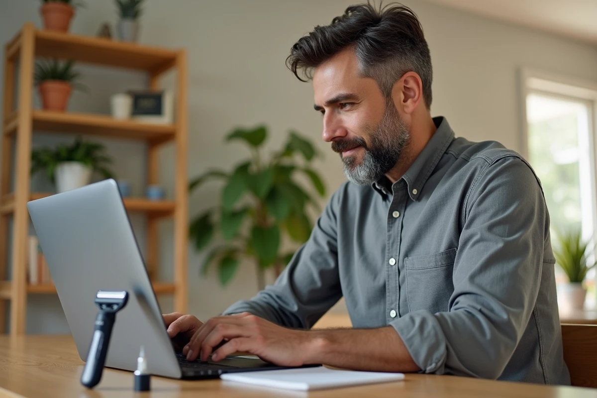 Homme vérifiant la compatibilité de son rasoir OneBlade sur un ordinateur portable dans un bureau à domicile