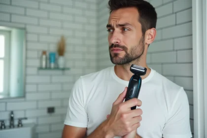 Homme examinant la tête de rasage de son rasoir Philips OneBlade dans une salle de bain moderne