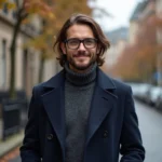 Portrait d'un homme souriant en ville en automne