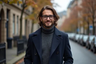 Portrait d'un homme souriant en ville en automne