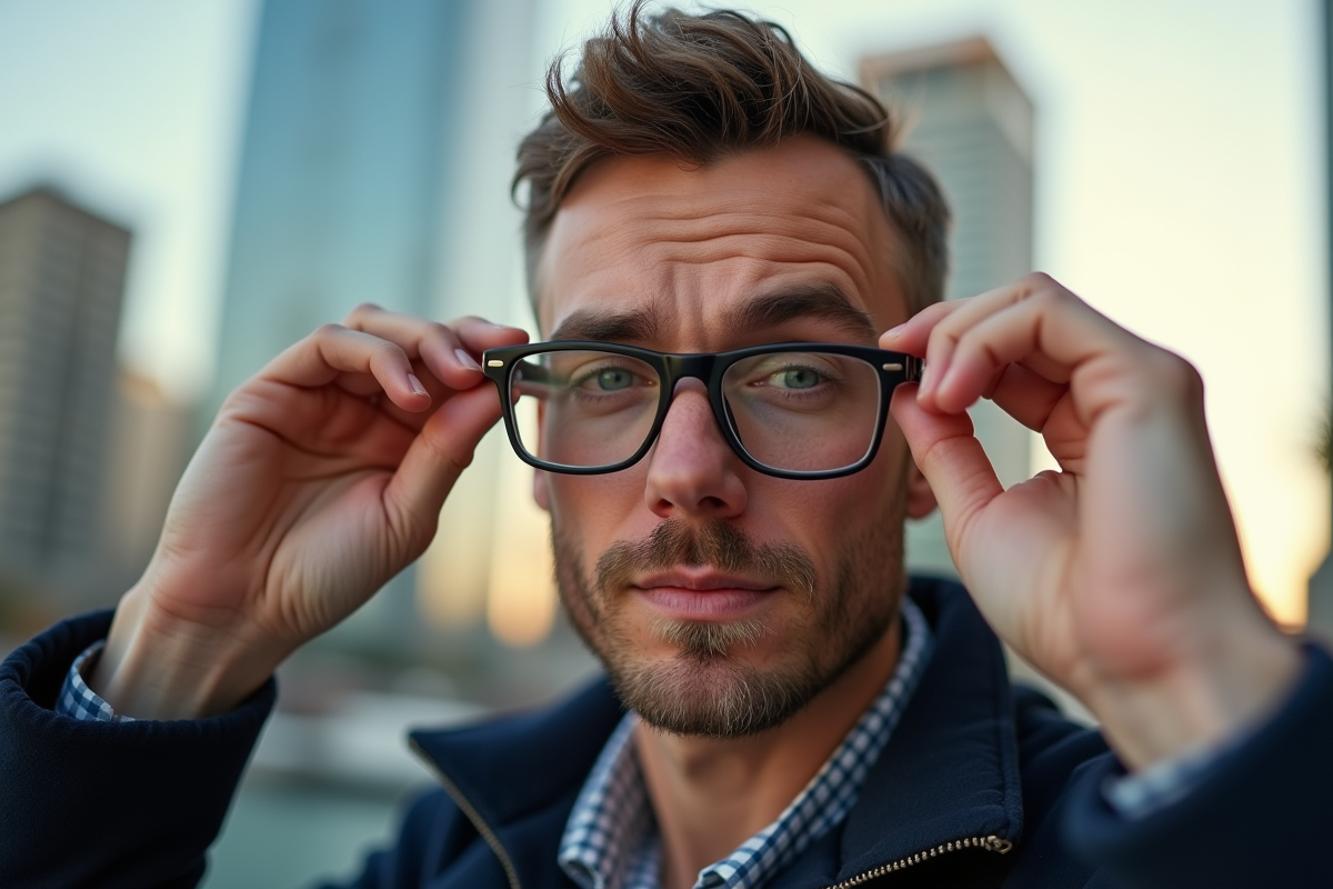 Homme avec sourcils expressifs et lunettes carrées en extérieur