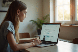 Jeune adulte utilisant un ordinateur pour une plainte Vinted