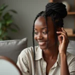 Jeune femme africaine souriante avec coiffure cornrows