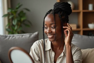 Jeune femme africaine souriante avec coiffure cornrows