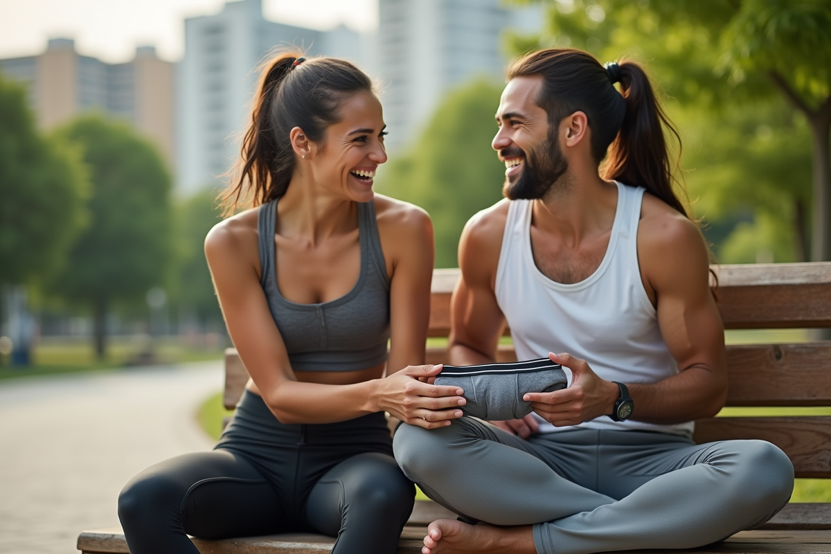 Jeune couple riant en vêtements de sport dans un parc urbain