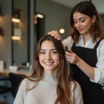 Jeune femme confiante avec balayage dans un salon moderne