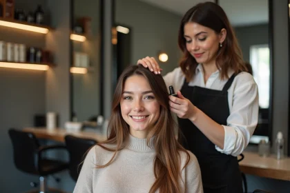 Jeune femme confiante avec balayage dans un salon moderne