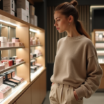 Jeune femme regardant des produits de maquillage en magasin