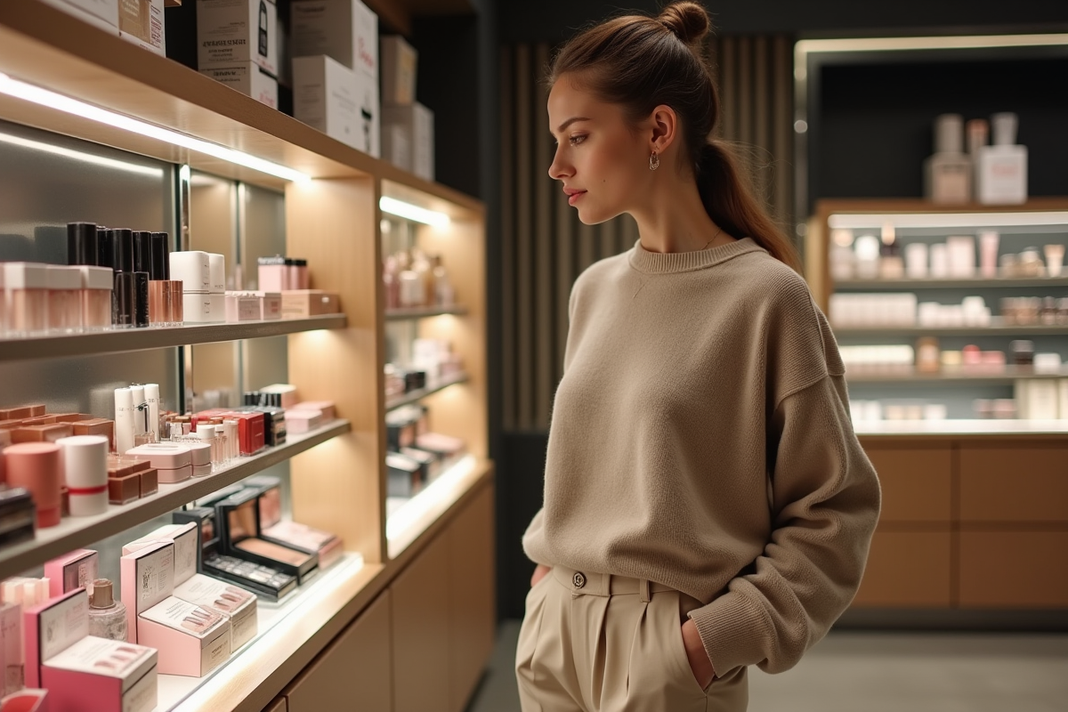 Jeune femme regardant des produits de maquillage en magasin