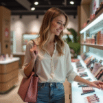 Jeune femme souriante dans une boutique de beauté moderne