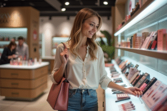 Jeune femme souriante dans une boutique de beauté moderne