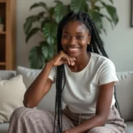 Jeune femme noire aux braids dans un intérieur chaleureux