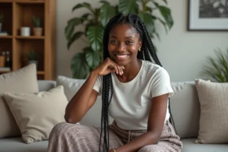 Jeune femme noire aux braids dans un intérieur chaleureux