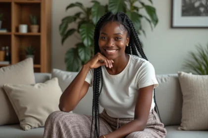 Jeune femme noire aux braids dans un intérieur chaleureux