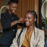 Jeune femme noire en salon urbain avec braids futuristes