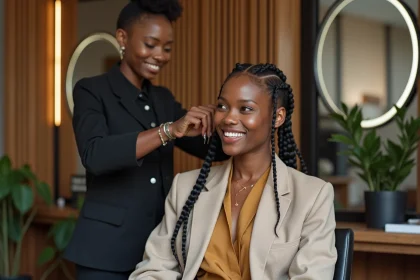 Jeune femme noire en salon urbain avec braids futuristes