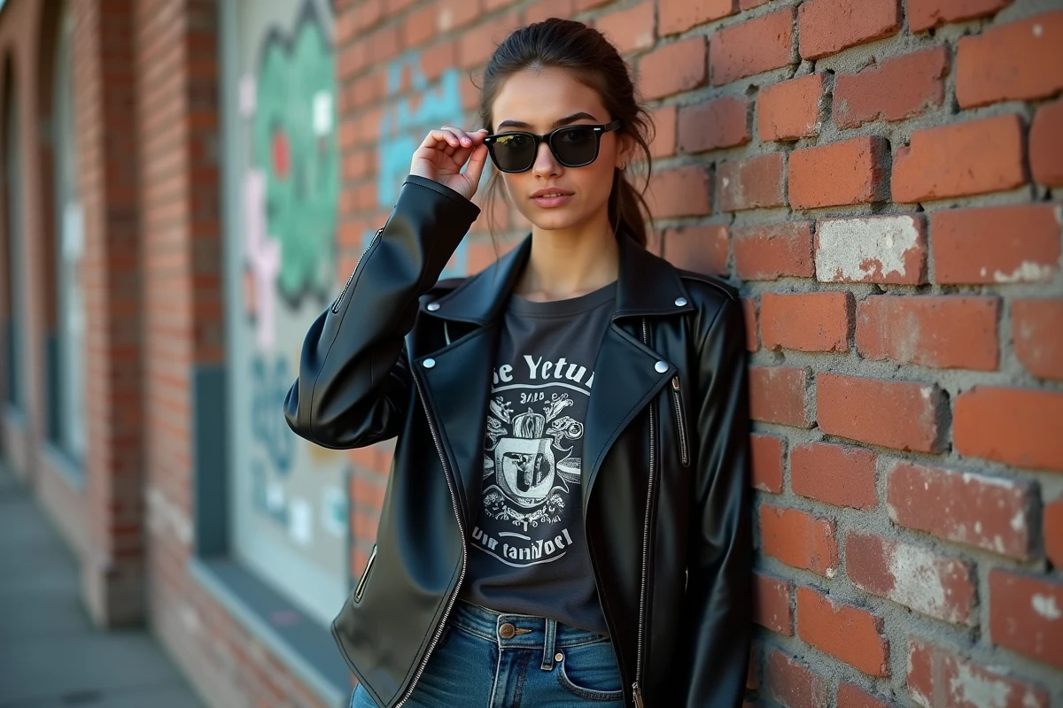 Jeune femme en veste cuir ajustant ses lunettes
