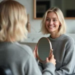 Jeune femme avec coiffure blonde dans un salon moderne