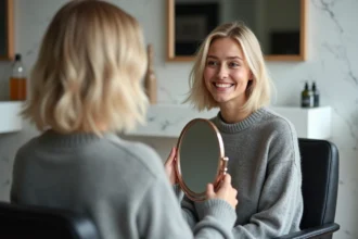 Jeune femme avec coiffure blonde dans un salon moderne