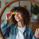 Jeune femme appliquant une coloration temporaire dans sa chambre