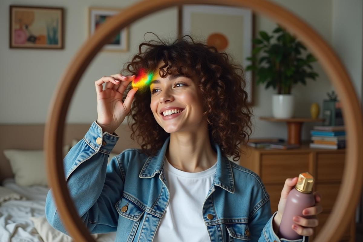 Jeune femme appliquant une coloration temporaire dans sa chambre