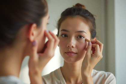 Jeune femme appliquant concealer sous les yeux devant un miroir