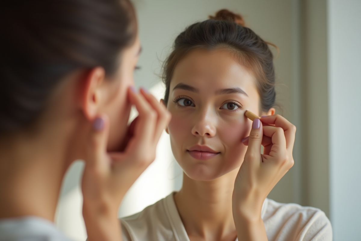 Jeune femme appliquant concealer sous les yeux devant un miroir