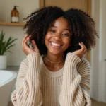 Jeune femme noire souriante avec boucles définies en routine matin