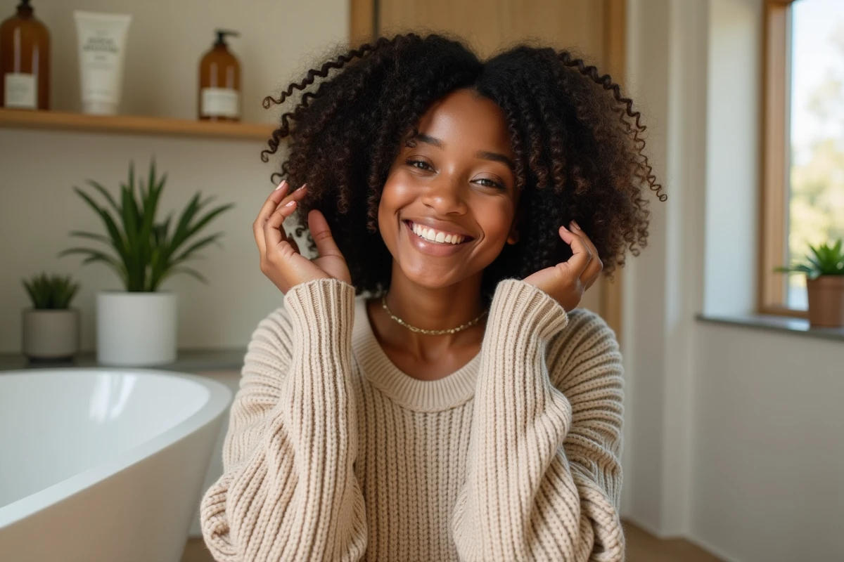 Jeune femme noire souriante avec boucles définies en routine matin