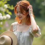 Jeune femme aux cheveux cuivres dans un jardin en été