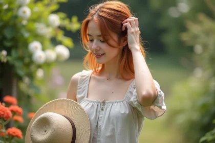 Jeune femme aux cheveux cuivres dans un jardin en été