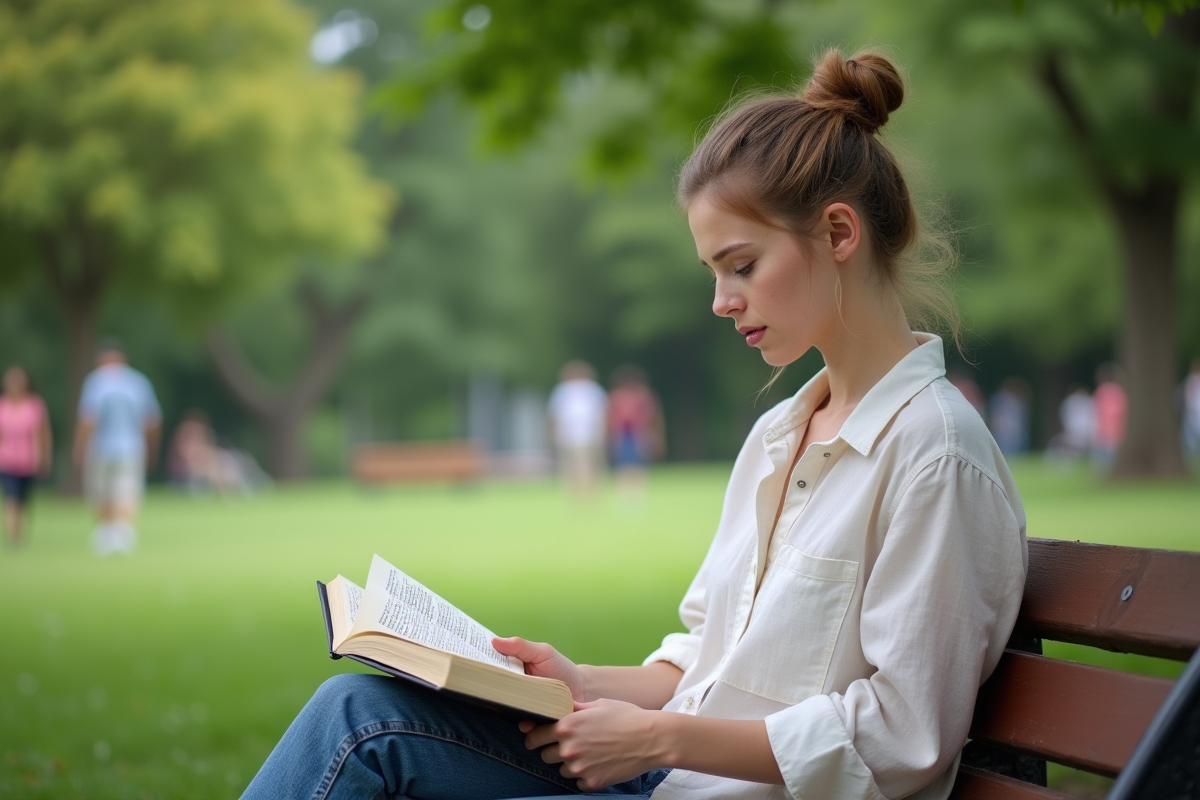 Jeune femme lisant dans un parc naturel et paisible
