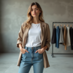 Jeune femme confiante en mode studio minimaliste