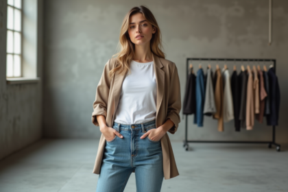 Jeune femme confiante en mode studio minimaliste