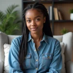 Jeune femme noire en denim assise dans un salon moderne