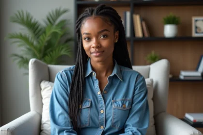 Jeune femme noire en denim assise dans un salon moderne