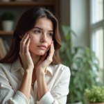 Jeune femme regardant ses cicatrices faciales dans un intérieur
